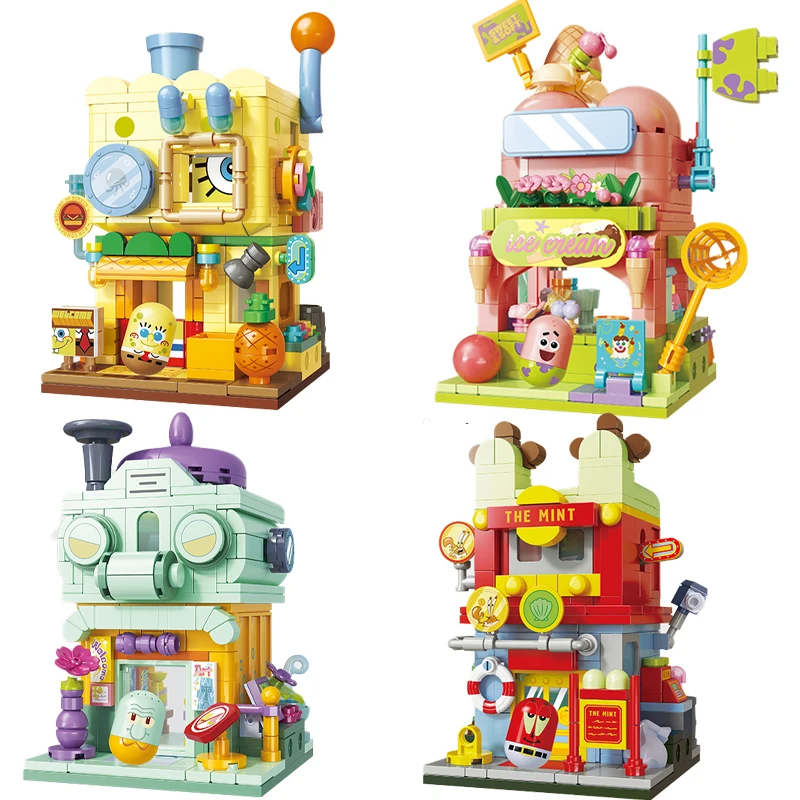 Bloques de construcción de Bob Esponja de animación, serie de escenas callejeras, juguetes educativos de construcción, regalos de cumpleaños para niños y niñas, periféricos