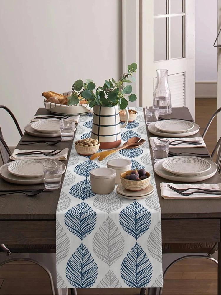 Navy Blue and Grey Leaf Texture Linen Table Runner Wedding Decortions Abstract Art Leaves Dining Table Runner Party Decor