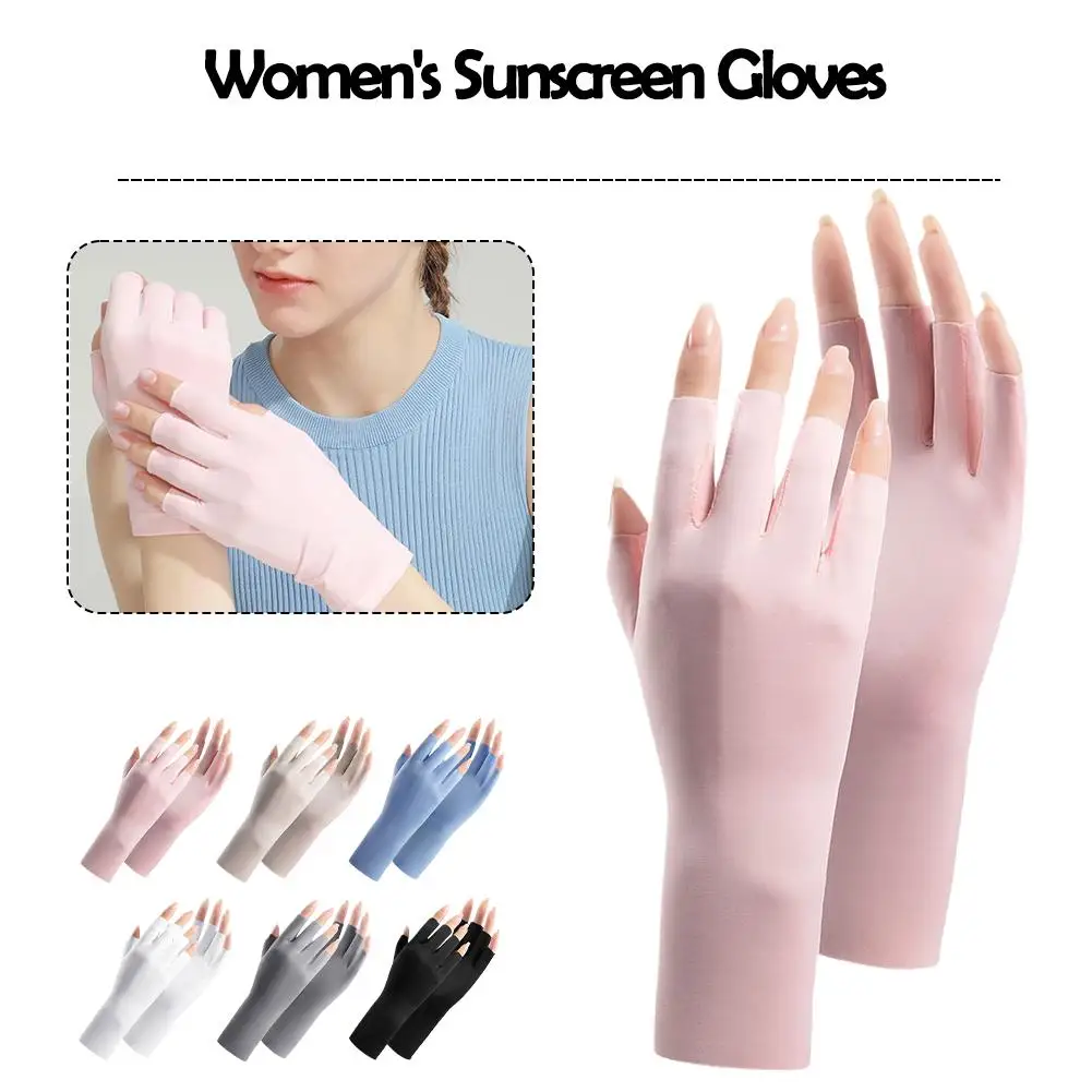 Guante de algodón fino con pantalla táctil para mujer, protección solar UV, medio dedo, conducción al aire libre, verano y otoño