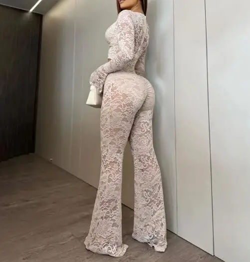 Two Piece Set Women Outfit 2026 Spring New Solid Color Buckle Splicing Lace Long Sleeve Top & High Waist Casual Flare Pants Set