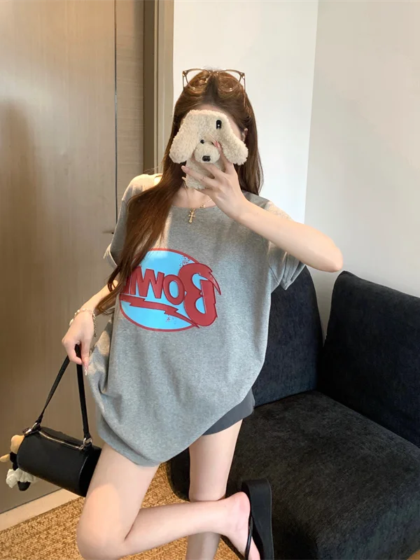

Summer plus Size T-Shirt Loose Fit Short Sleeve Grey Embroidery Letter Print Conceal Meat Slimming Korean Style Women's Top