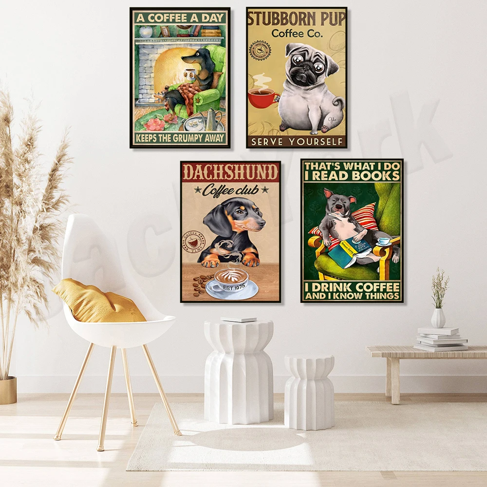 Dog Love Poster, Stubborn Puppy Coffee Company Serve Yourself, Dachshund, Pug Drinking Coffee, Funny Dog Quotes, Dog Coffee Gift