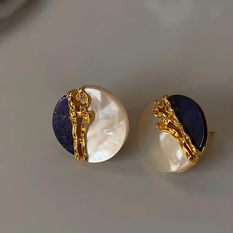 Chinese lapis lazuli natural white pearl stud earrings retro literary round gorgeous ear accessory