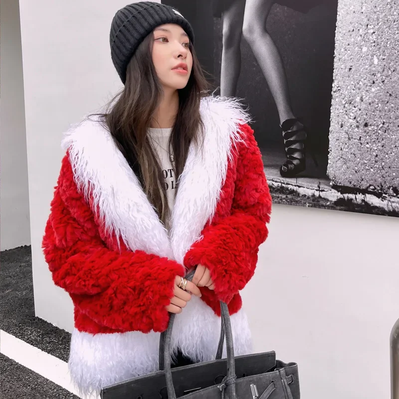 Christmas Mao Mao Coat Soft Waxy Fur Temperament Short Coat Female Imitation Rex Rabbit Hair Stitching.