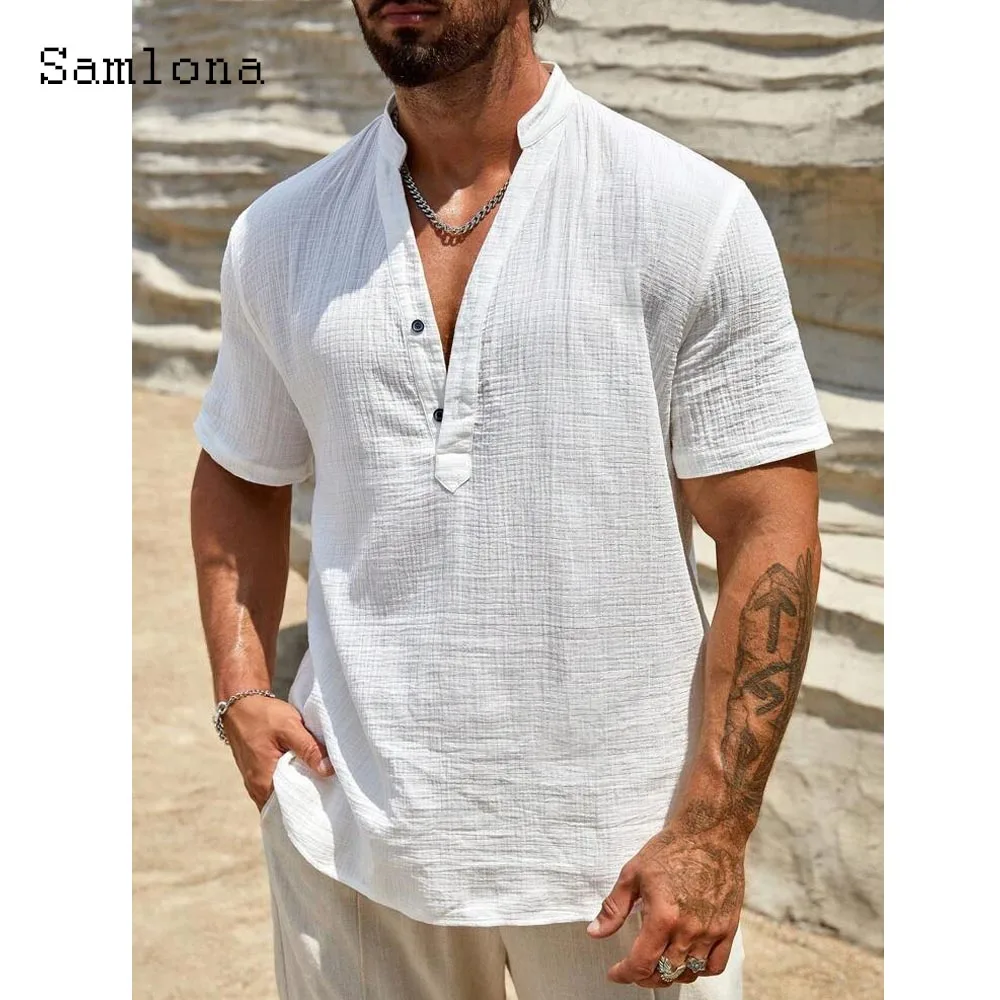 Men Short Sleeve V-neck Shirt Clothing 2025 European Fashion Basic Top Solid White Apricot Blouse Mens Casual Shirts Pollovers