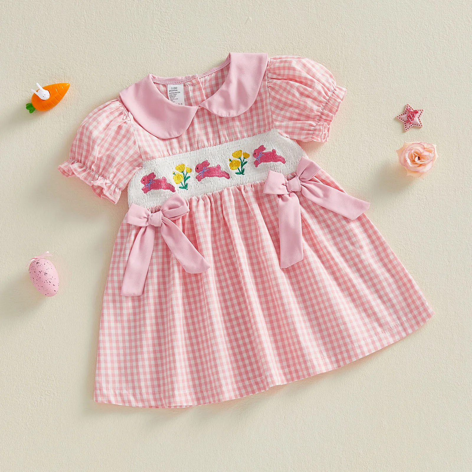 

Детское пасхальное платье для девочек, летнее платье с кукольным воротником и пышными рукавами, клетчатое платье с вышивкой и кроликом, одежда