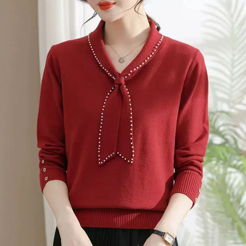 New Autumn Fashion Fashionable Ribbon Beaded Solid Color Versatile Loose Fit Slim Reducing Age Mom\'s Long Sleeve Knitted Top