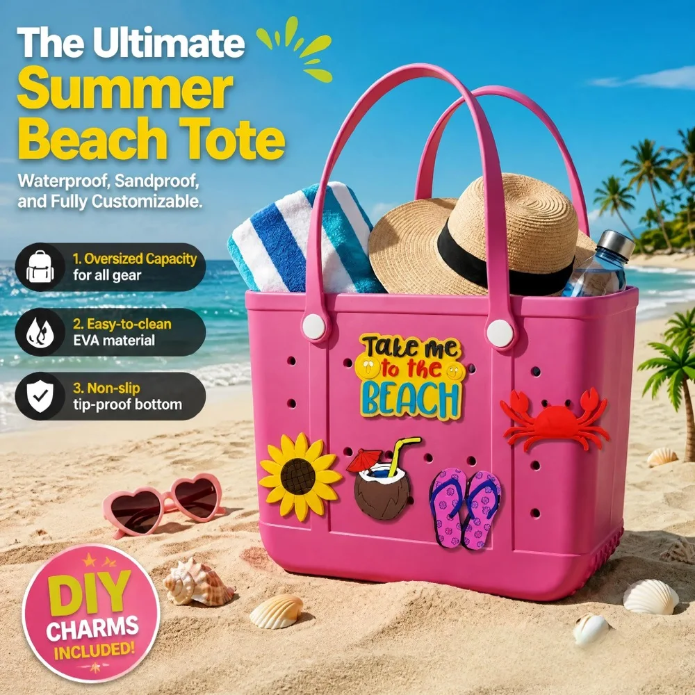 Ladies Oversized Rubber Beach Bag Handbag, Sand-Proof Travel Handbag for Beach Outdoor Sports Free Gift of DIY Accessories