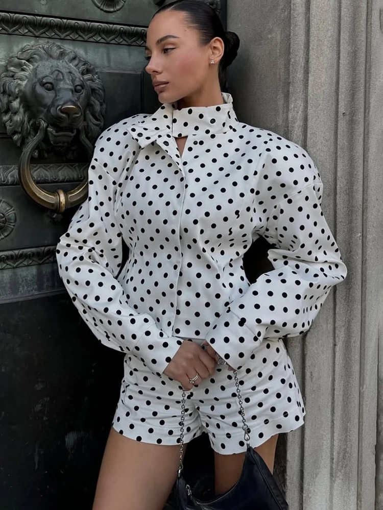 

Talenza 2 Piece Shorts Set White Polka Dot Casual Tailored Coat Slim Shorts Set Commuter High Street Elegant Women Short Sets
