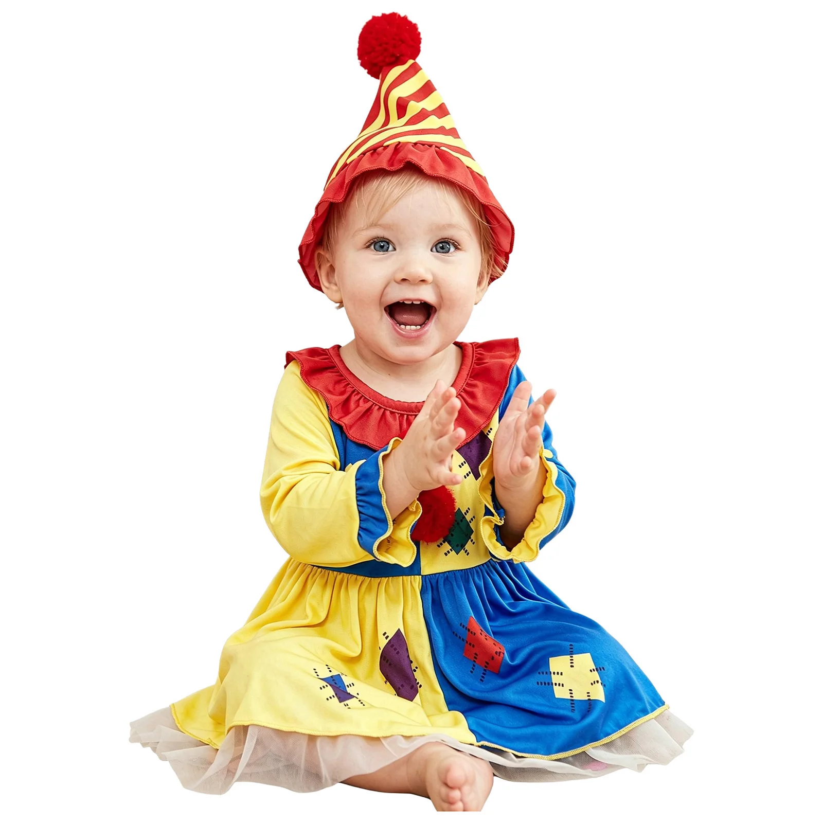 Baby Girls Halloween Circus Clown Cosplay Costume Long Sleeve Ruffled Layered Romper Dress with Hat Carnival Themed Party Outfit