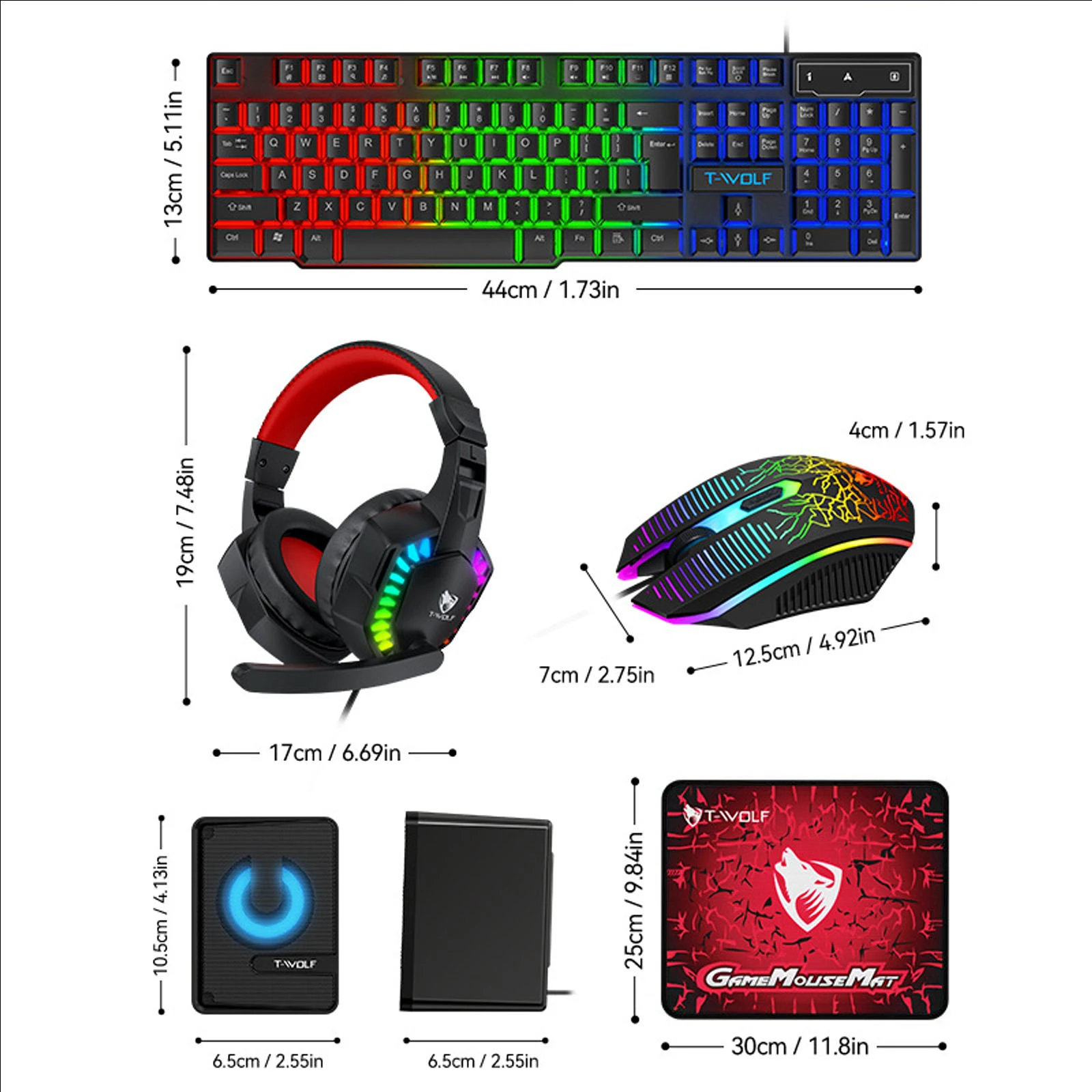 T-WOLF TF880 5-in-1 RGB Backlit Gaming Keyboard and Mouse Combo Set, Wired USB, with Gaming Headset, Mousepad and Speaker, 1200