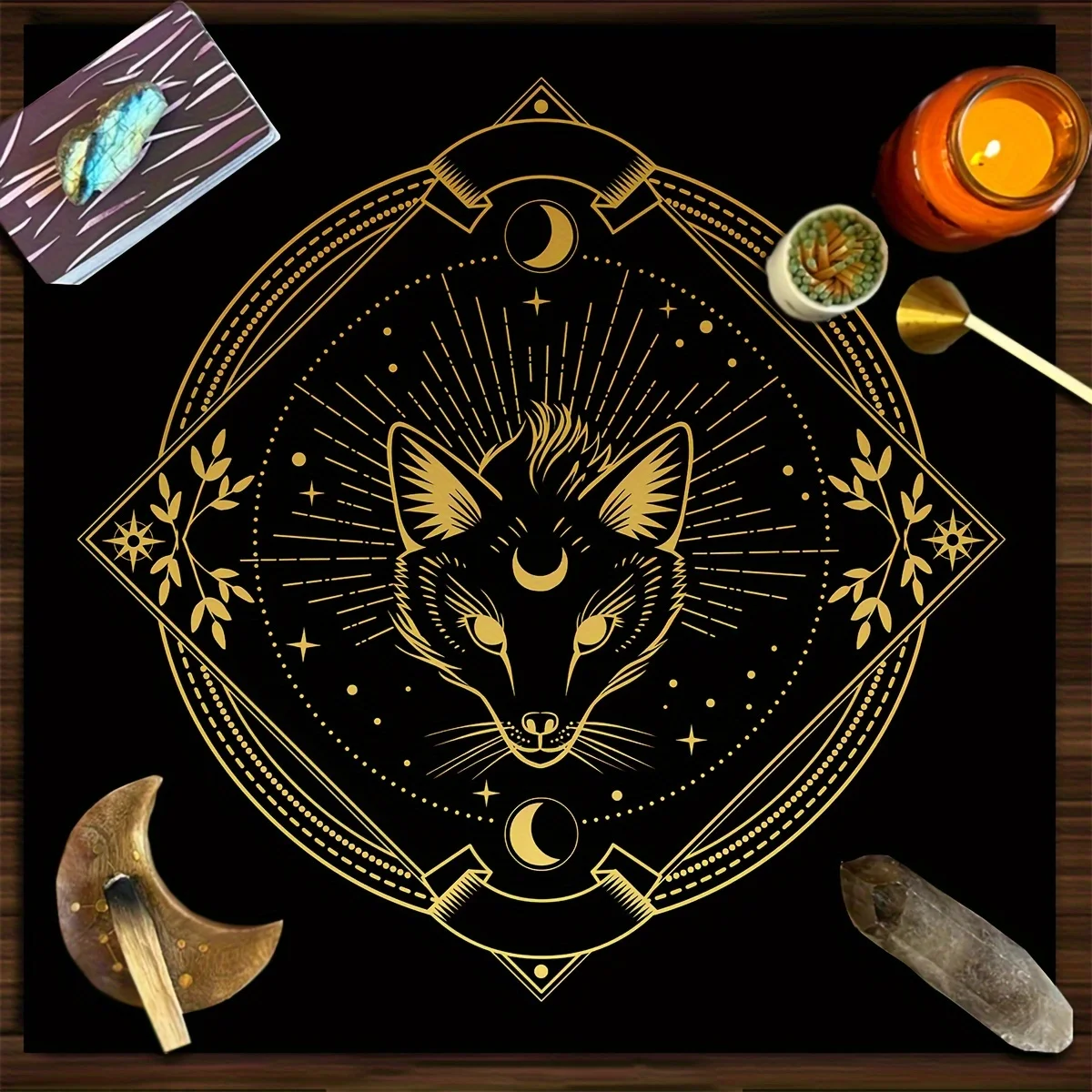 Fox Tarot Altar Cloth, Black‑Moon & Star‑Glow Design, Divination, Witchcraft & Astrology Oracle Card Mat, Ideal for Halloween