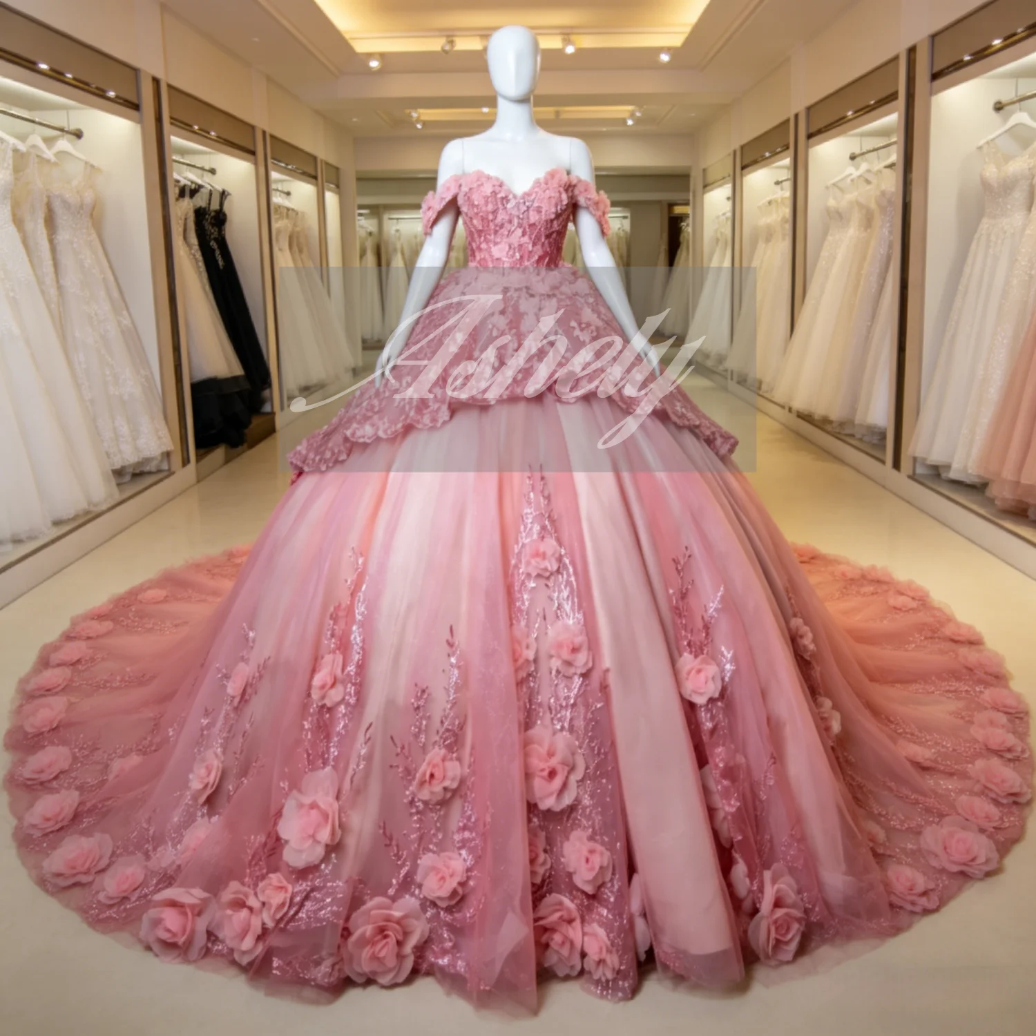 

Mexico Luxury Women Prom Special Occasion Wear Cap Sleeve 3D Flower Ball Gown Wedding Party Pageant Quinceanera Prom Customized