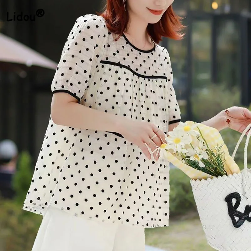 Fashion Loose Women's Polka Dot Printed Chiffon T-shirt 2023 Summer Casual All-match Round Neck Spliced Tops Female Clothing
