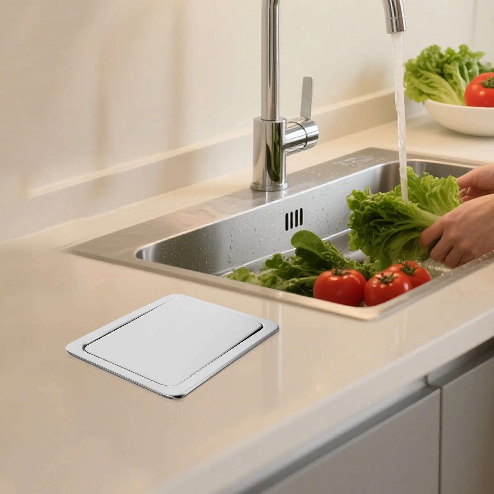 

Flip Top Embedded Stainless Steel Trash Bin Lid Recessed Trash Can Cover Countertop Garbage Lid Kitchen Bathroom Accessory