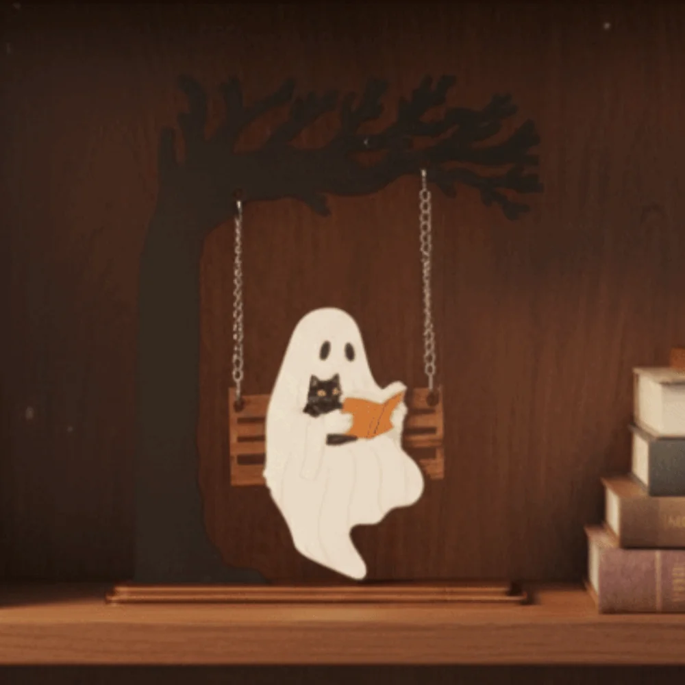 Laser-cut Ghost Swing Ornament Multilayered Freestanding Cat Reading Figurine Compact Rustic Spooky Tree Sculpture