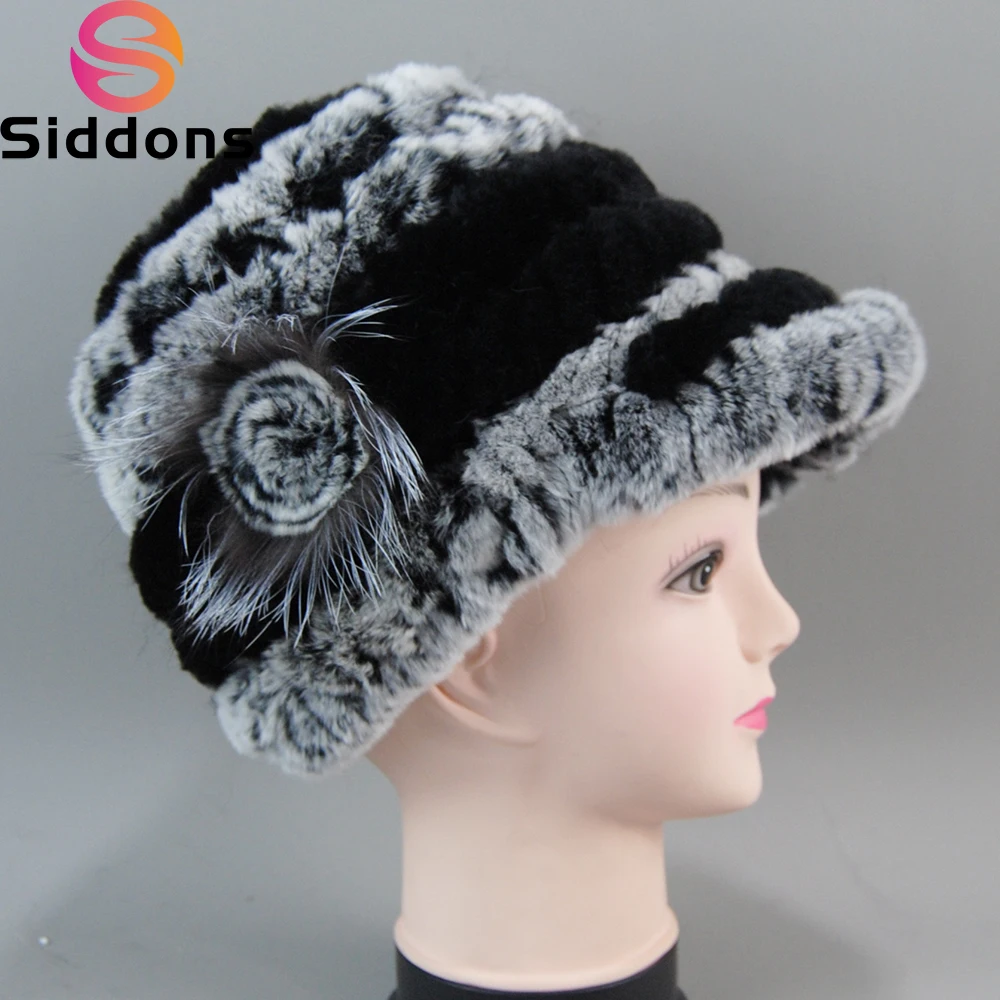 

Hot Winter Women Striped Floral 100% Natural Rex Rabbit Fur Hats Knit Russian Genuine Rex Rabbit Fur Caps Warm Lady Real Fur Hat