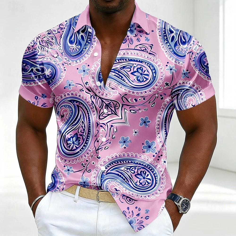 Men Khaki Purple Paisley Print Short Sleeve Shirts Vintage Lapel Button Up Blouse Floral Pattern Casual Holiday Beach Tops