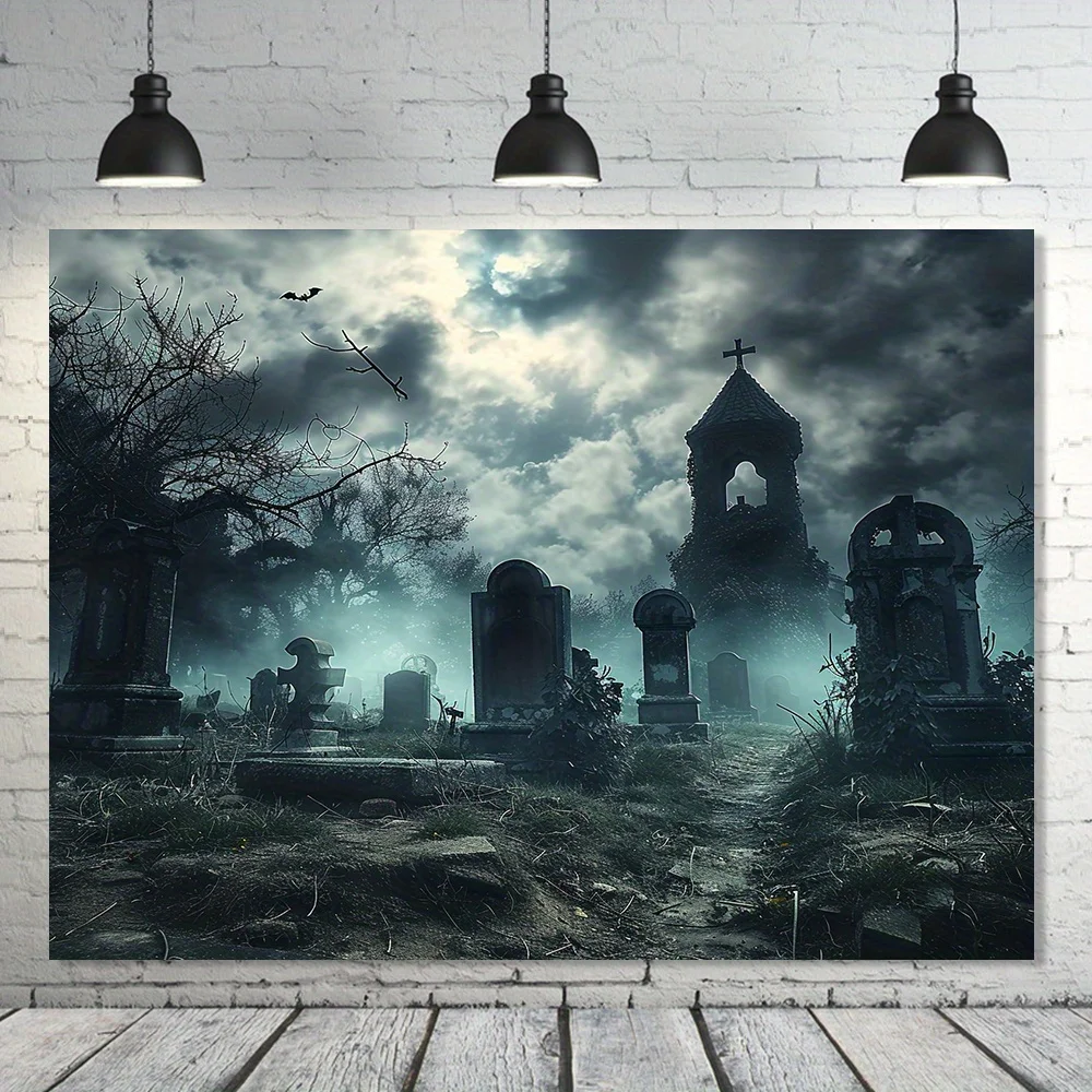 Halloween gloomy tombstone haunted house background, creepy night horror forest ghost party