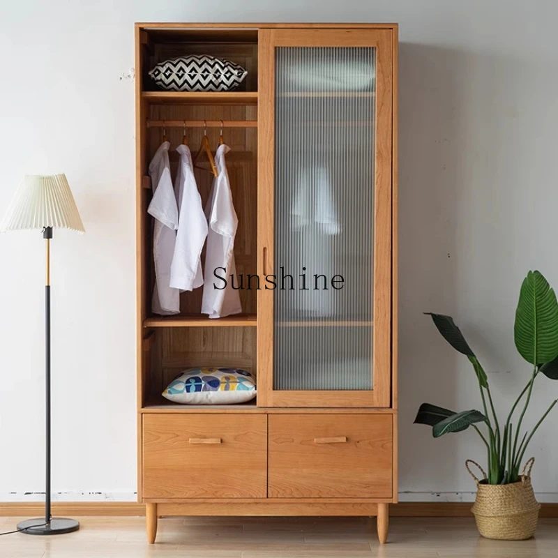 

Practical small apartment cherry wood bedroom wardrobe storage sliding door