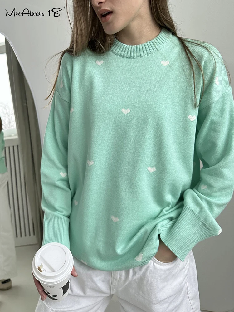 Mnealways18 Heart Knitted Printing Solid Sweater Long Sleeve Women Round Neck Causal Ribbed Knitting Pullover Tops Office Ladies