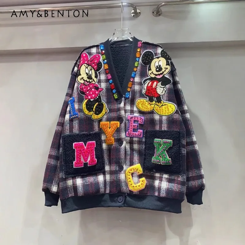 

Cartoon Beaded Denim Splicing Knitted Cardigan Coat 2025 Autumn Winter New Loose Casual Versatile Long-sleeves Sweater Jacket