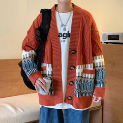 Mężczyźni Modny kontrastowy kolor Casual Streetwear Sweter jednorzędowy Kardigan Y2K Młodzieżowy dekolt V Długi rękaw Oversize Dzianinowe topy