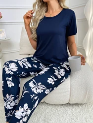 Women's new style pajamas set solid color short-sleeved blouse printed trousers simple two-piece casual comfortable home wear