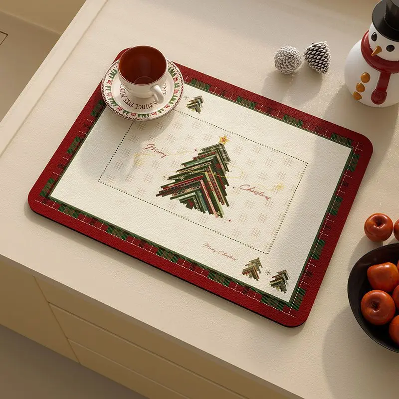 VIKAMA Rustic Christmas Tree Tableware Drainer Festive Decorative Absorbent Quick Dry Countertop Mat Kitchen Holiday Home Decor