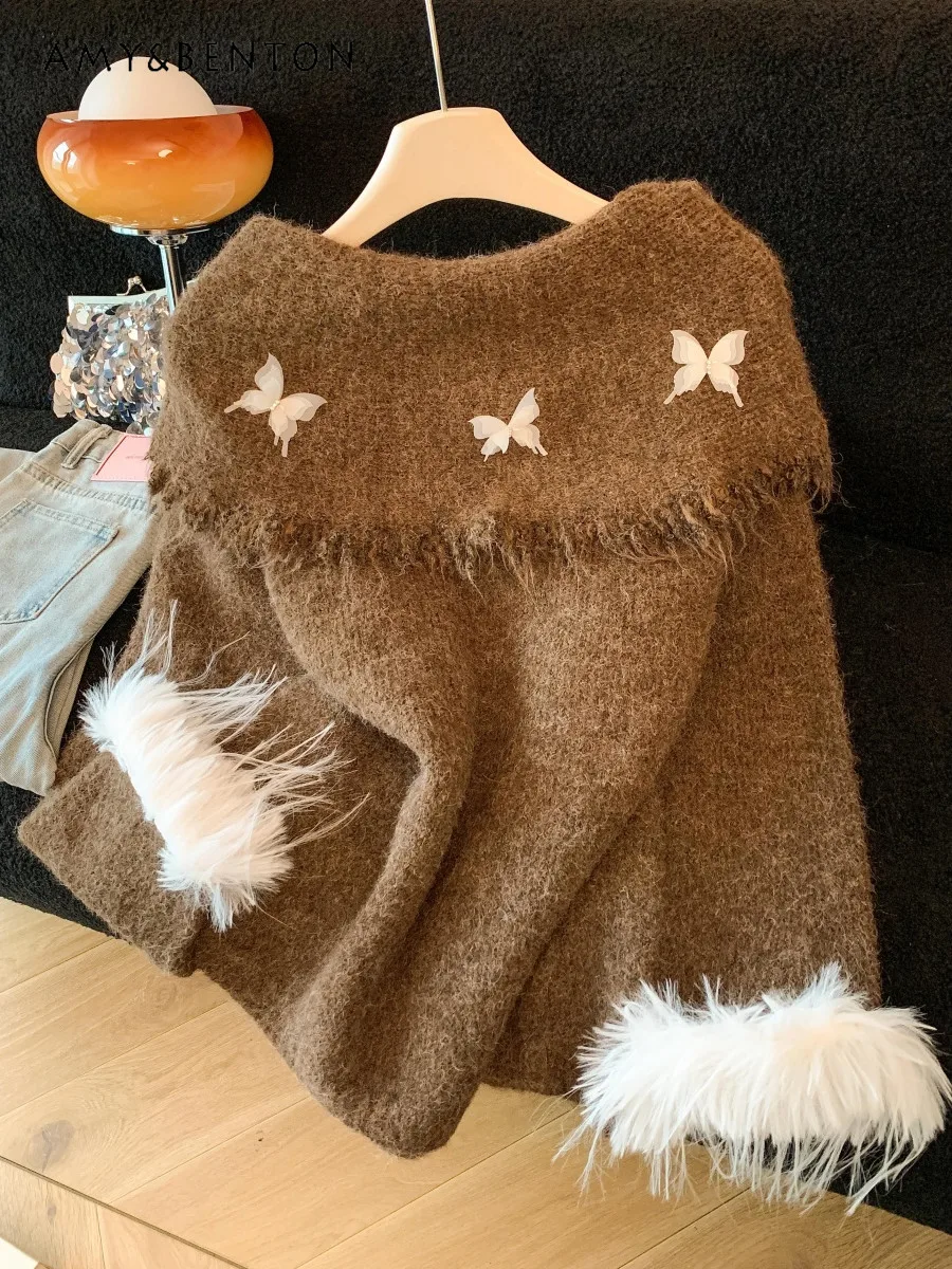 

Осень-зима 2022, новинка, горячая распродажа, милый свободный повседневный пуловер с открытыми плечами и длинными рукавами, белый, серый, кофейный цвет, свитер