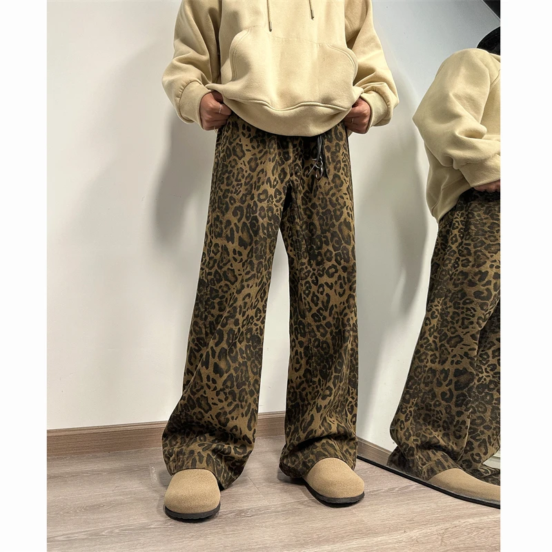 Leopard print denim men's design sense American hiphop high street pants Vibe trendy brand versatile straight leg micro flared