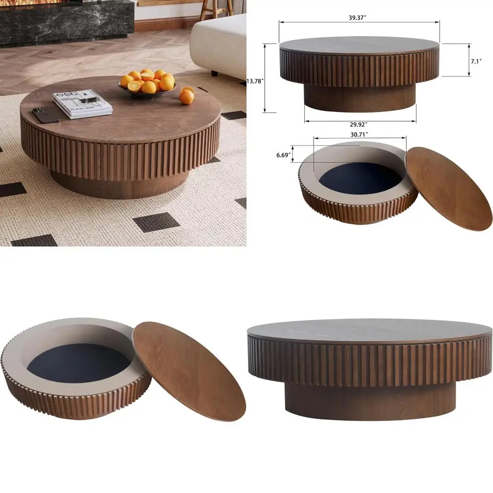 Круглый журнальный столик в стиле фермерского дома с местом для хранения, диаметр 39,37), отделка из орехового дерева для гостиной, квартиры или офиса
