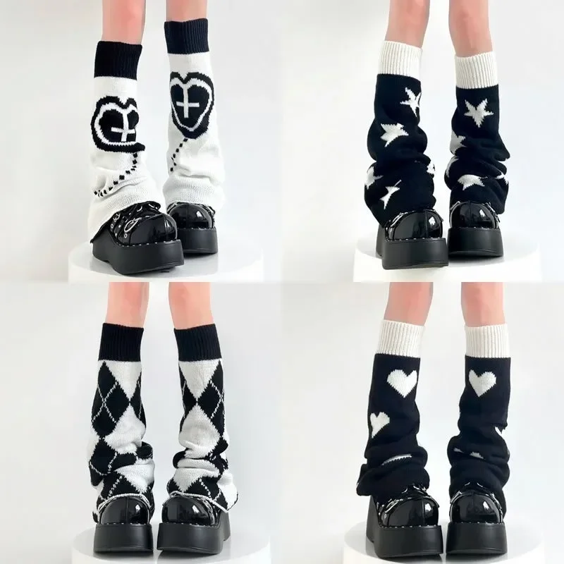 Y2K Punk Knitted Leg Warmers para Mulheres, Harajuku, Estrela, Gótico, Cruz, Coração, Dois Lados, Ajuste Solto, Coberturas para Pernas, JK, Coxa