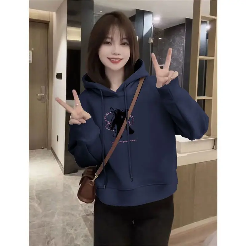 Anchor Red-Sudadera con capucha de manga larga de algodón puro, corta, a la moda, de terciopelo, informal, estilo occidental, Top holgado