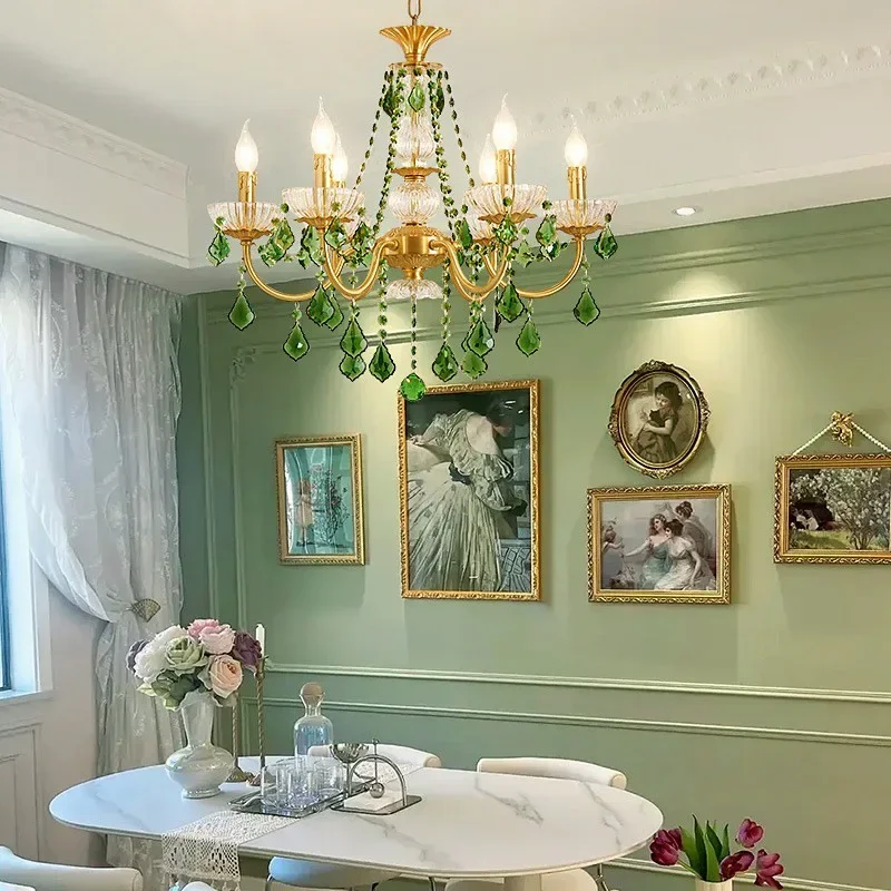 French Retro Green Crystal Living Room Chandeliers Dining Room Bedroom Study Candle Pendant Lights Vintage Cottage Home Decor