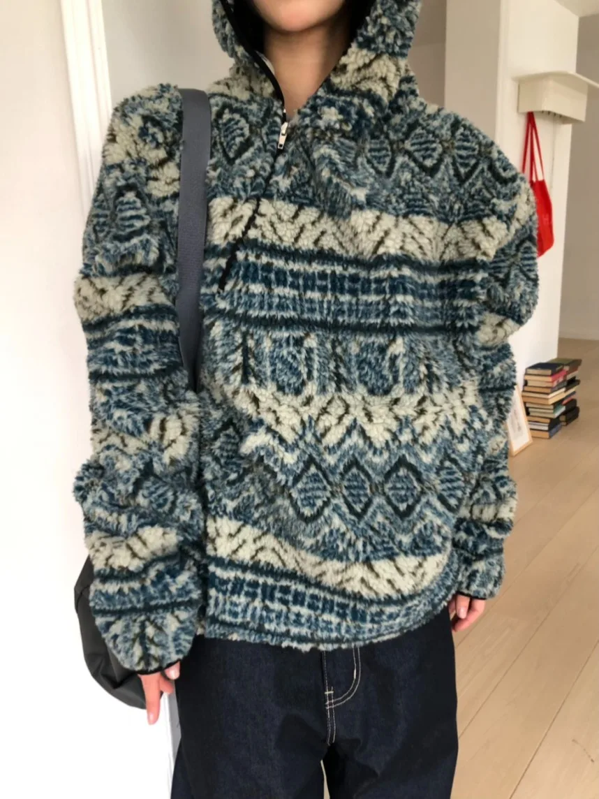 Damessweater van lamsbont met capuchon, losse, warme katoenen Jaet Winter Vintage Sle vrijetijdskleding voor verschillende gelegenheden