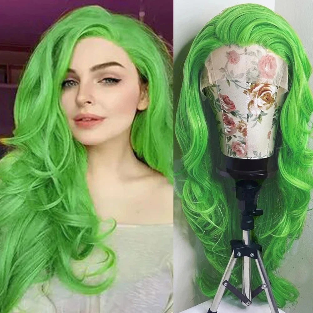 QW Green Synthetic Lace Wigs for Black Women Loose Wave Synthetic Wig Lace Front Wig High Temperature Cosplay Wigs