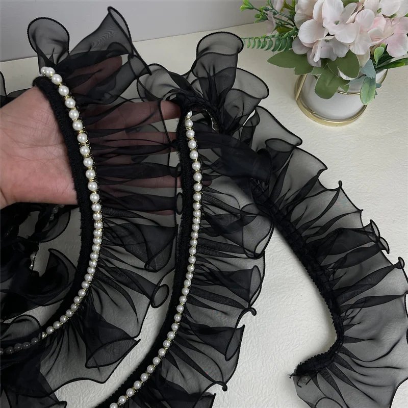 8CM Wide Organza Black Beaded Pleated Tulle Lace Trim for Fringe DIY Prom Even Dresses Ruffle Fabric Sewing Accessories Supplies