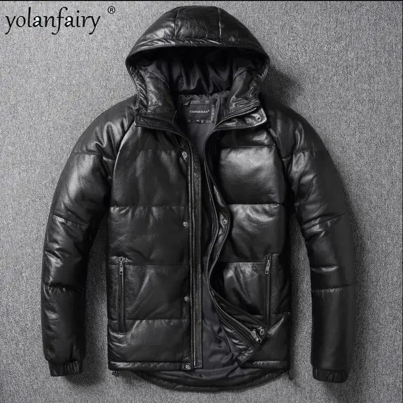 YOLANFAIRY Jaket Kulit Sapi Asli Alami Pria Mantel Kulit Bulu Angsa Hangat Pria Musim Dingin Kain Kulit Berkerudung Tebal Pria 5XL FCY4994