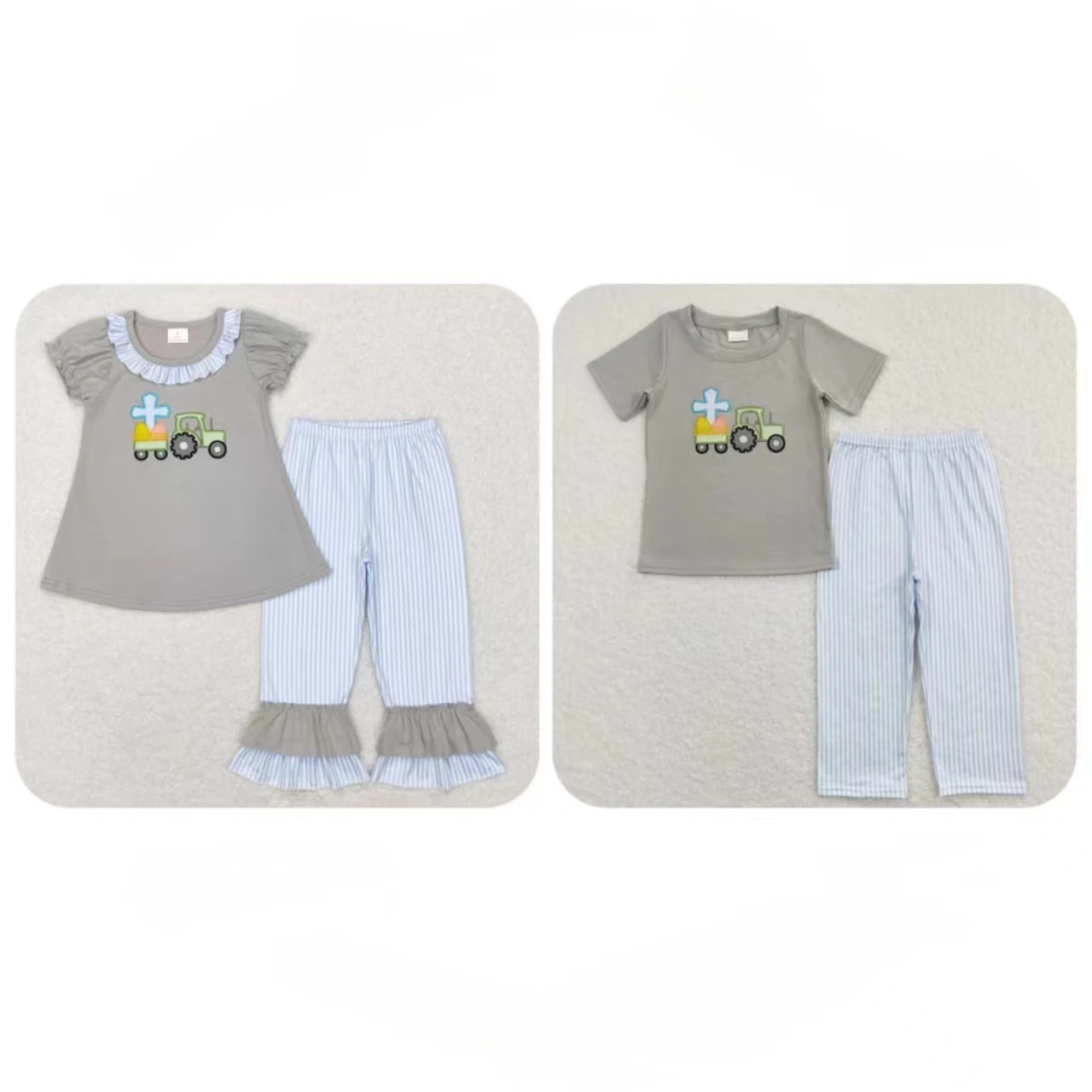 

Wholesale Easter Children Short Sleeves Embroidery Tractor Eggs Shirt Stripes Pants Baby Boy Girl Set Infant Kids Pajamas Outfit