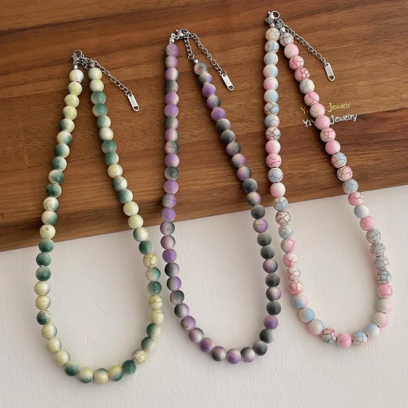 

Minar Chinese Style Ink-splashed Crackle Gradient Color Ceramic Beads Beaded Necklace for Women Stainless Steel Chain Chokers