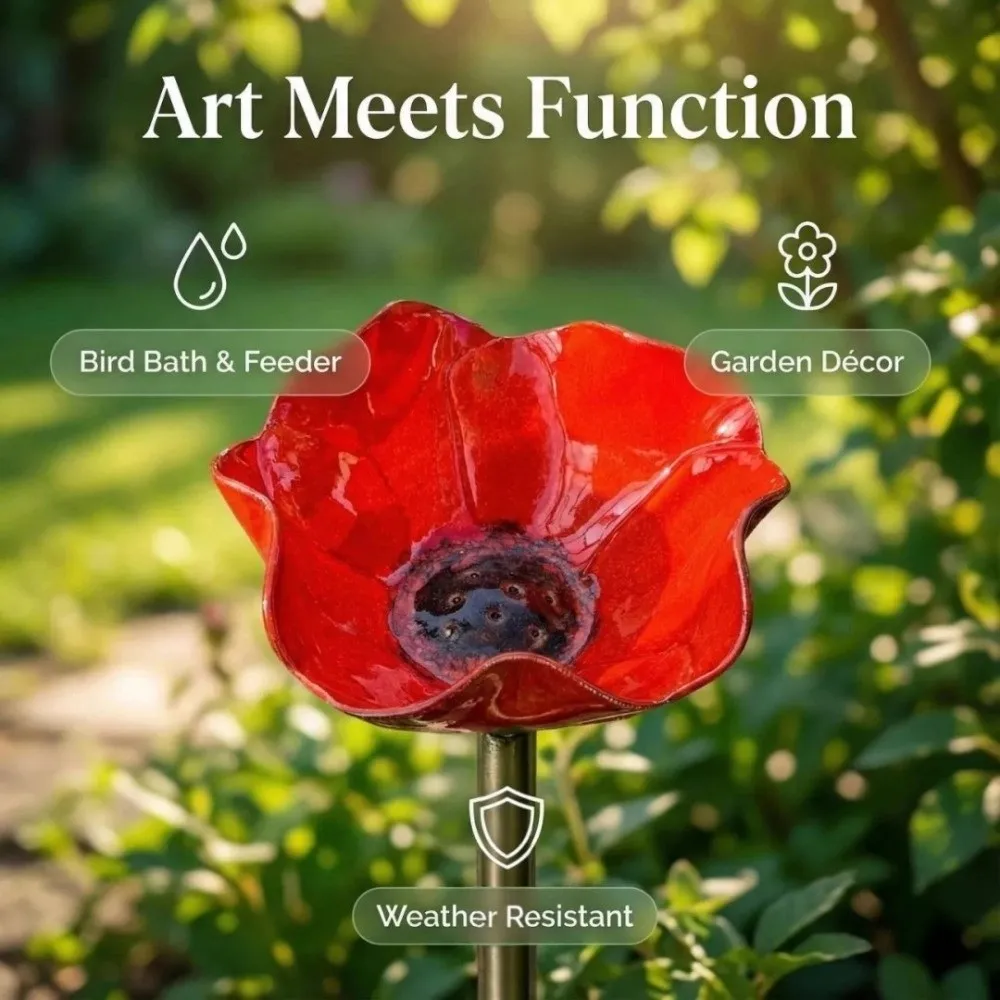 Handcrafted Metal Flower Garden Stake Iron Floral Sculpture Rust-resistant Bird Bath Stake Wavy Curved Petal Ground Insert