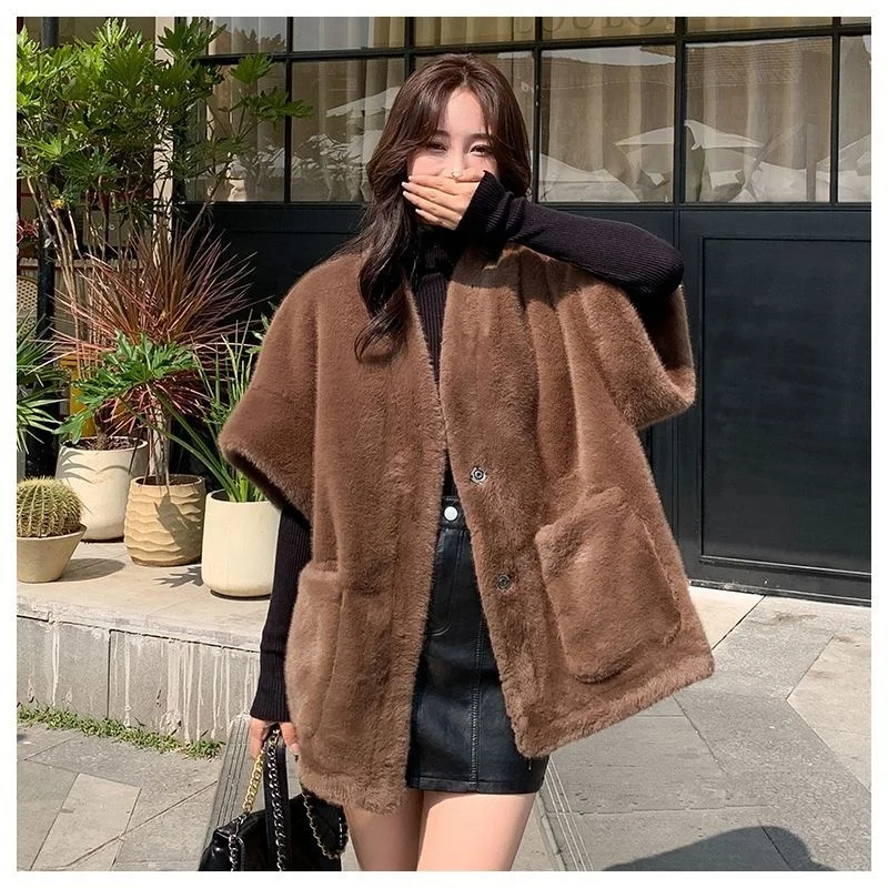 New Fur Vest Women's Coat Short Style Loose Fashionable Mink Fur Medium Long Short Sleeve Jacket Autumn Winter Waistcoat W1531