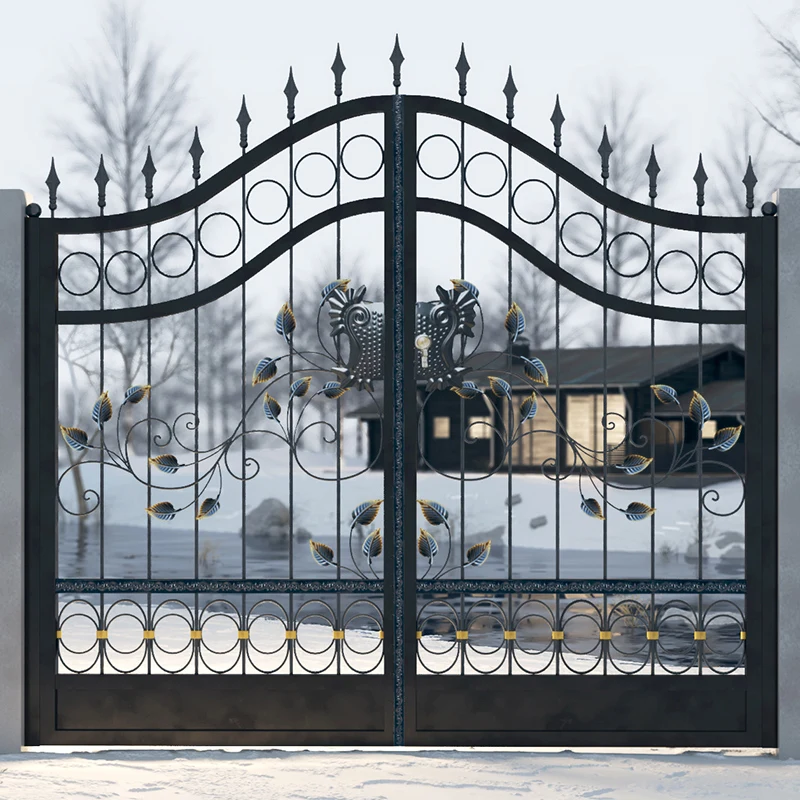 European Wrought Iron Double Swing Gate For Exterior Stylish Front Entry Door For Courtyard Villa Garden Entrance Fence