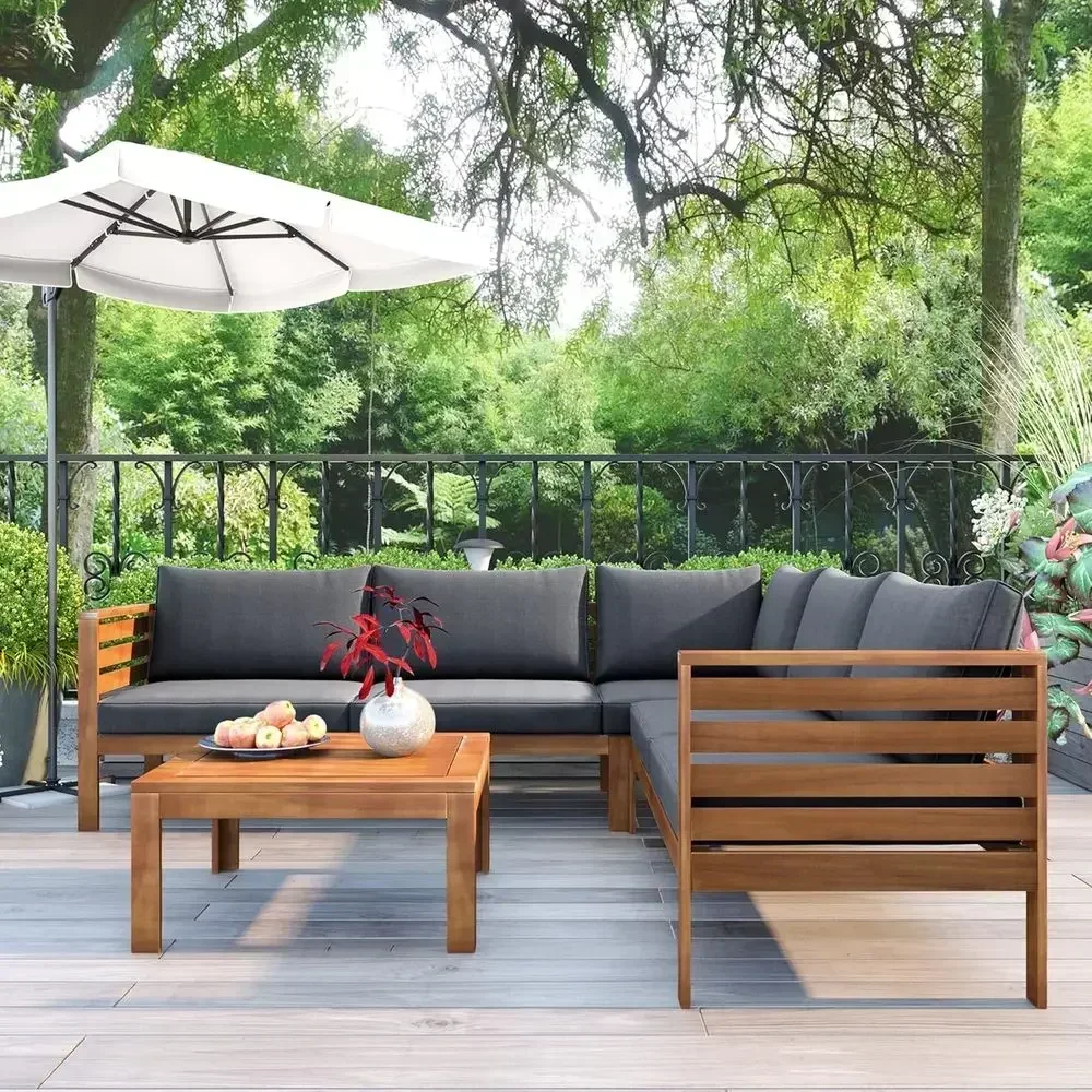 Outdoor Patio Furniture Set: Acacia Wood Sectional Sofa with Seat Cushions and Coffee Table