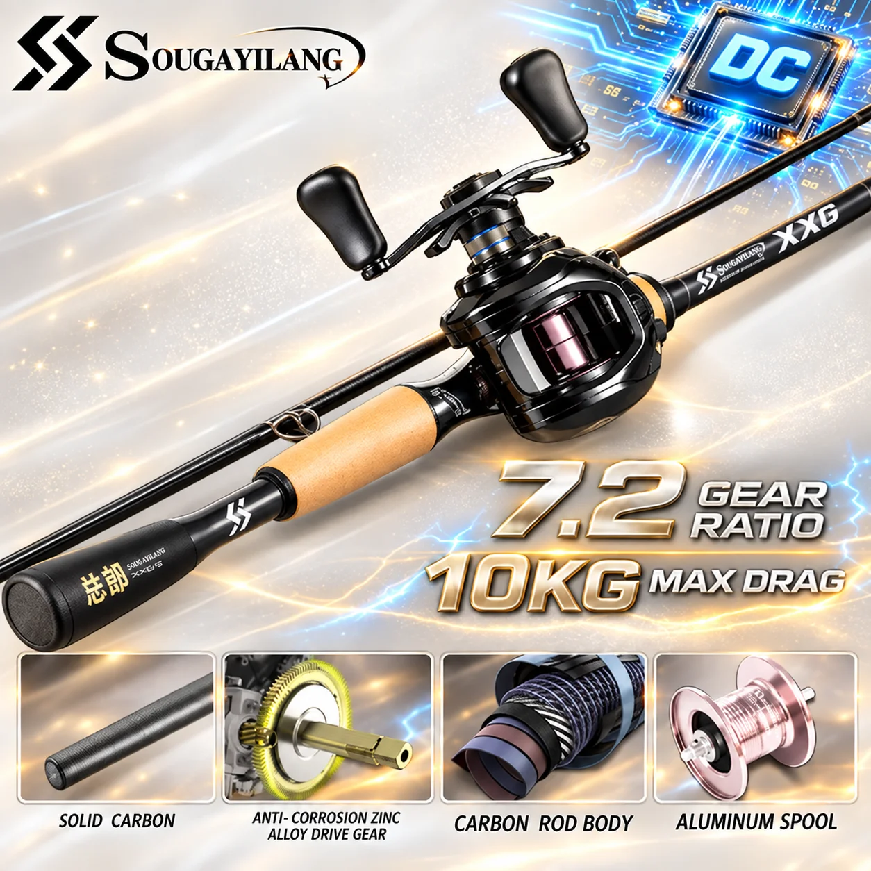 Spincast Reel - Sougayilang DCブレーキシステム搭載ベイトキャスティングリールと釣り竿のセット。1.8mのMHソリッドカーボン製キャスティングロッド、10kgのドラグ力を持つ釣り用コンボ。