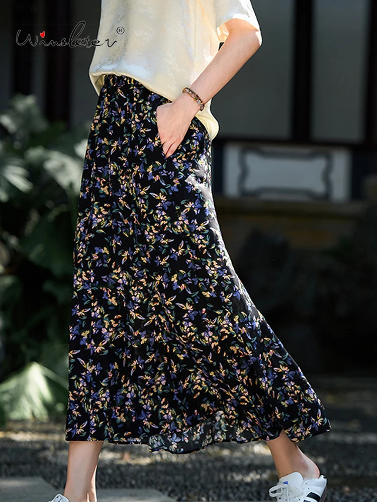 Winsleter-100%Real Silk Elegant Skirts, Elastic Waist Floral Print, Women French Vacation A-line Skirt, 2025 Autumn New B59844CC