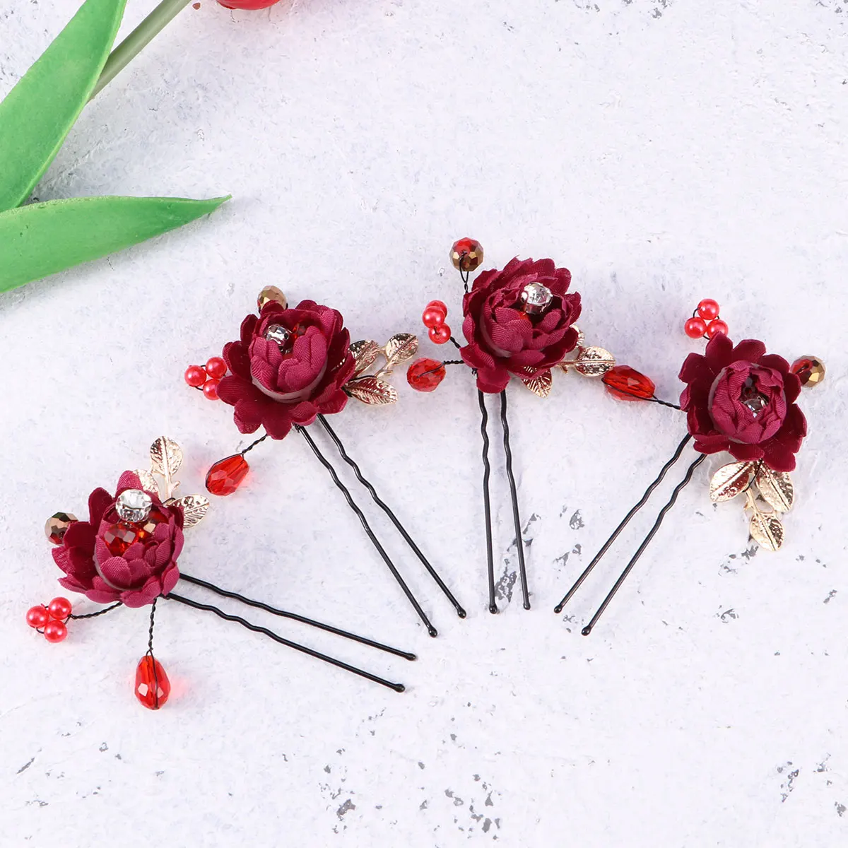 

4Pcs Flower U Shaped Hair Chopsticks Sticks Red Bridal Chopsticks Women Accessories Wedding Gifts Styling Tools