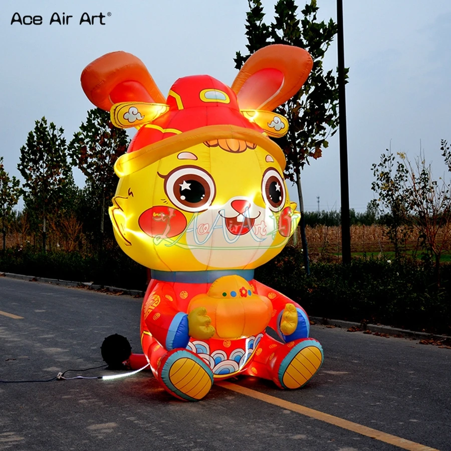 Mascot Rabbit Inflatable Bunny with LED Lights Decorate Inflatable Rabbit for Advertising or  Lunar New Year Display