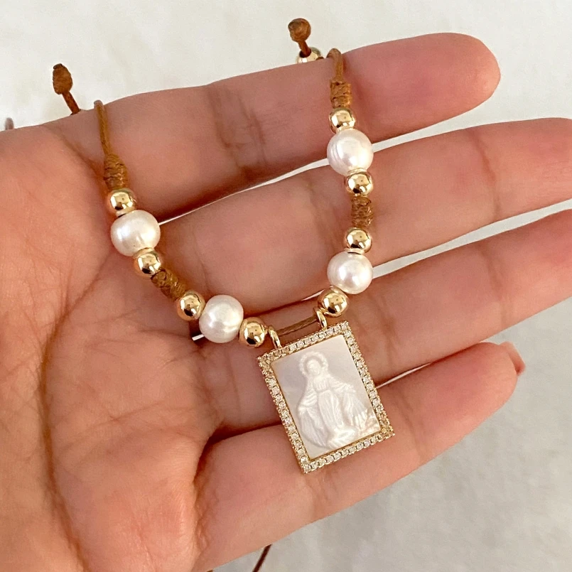 

Adjustable Pearl Angel Pendant Necklace Choker Religion Catholic Milagrosa Necklaces for women Stainless steel Jewelry